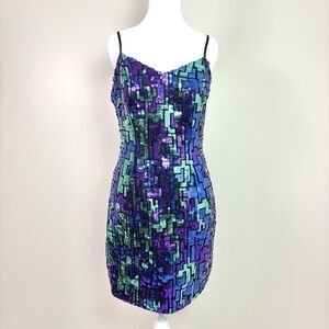 Vintage 80s Party Mini Dress Jewel Tone Geo Sequin Sheath Glam See Measurements